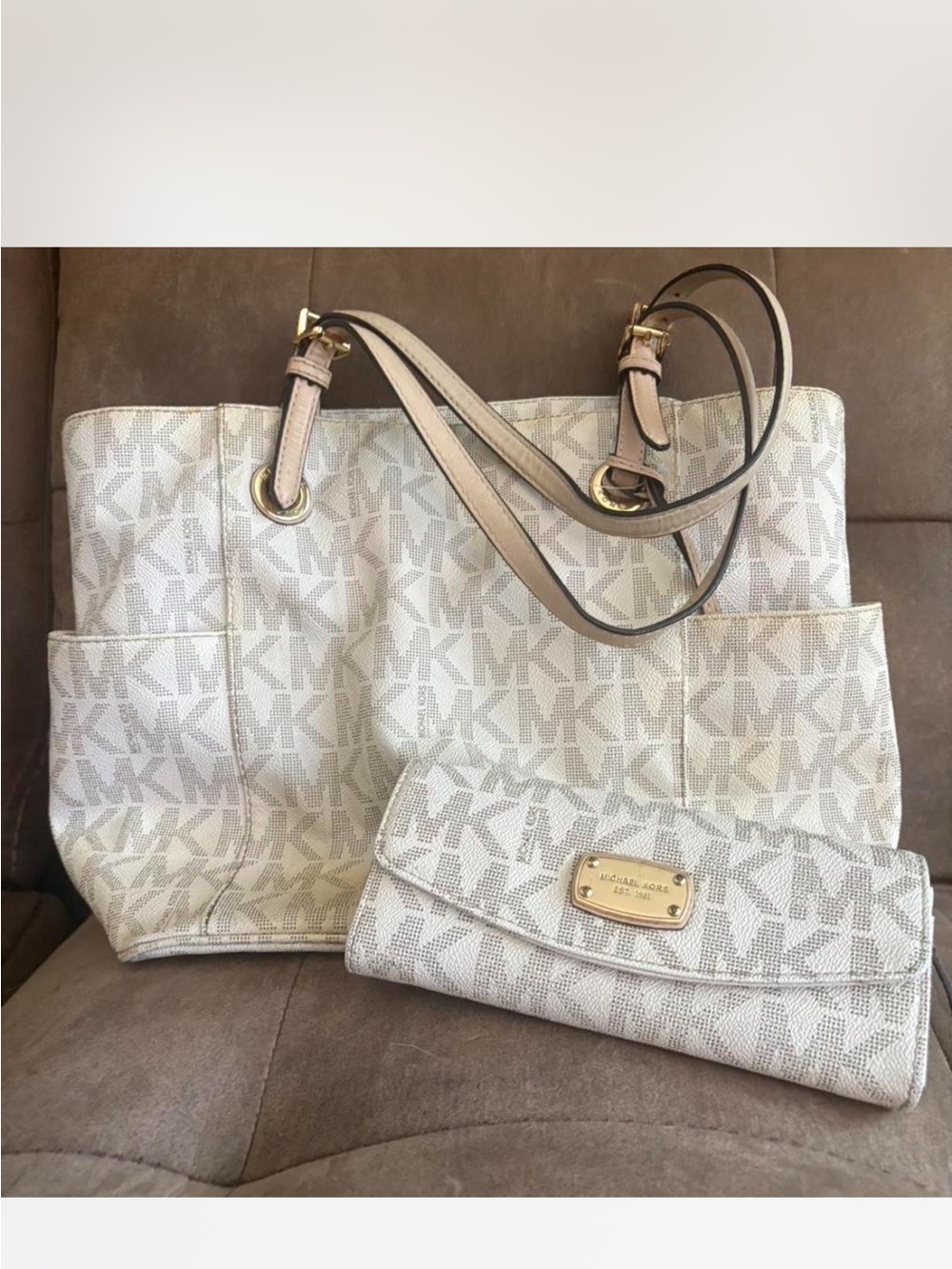Michael Kors Cream and Tan Logo Tote with Matching Wallet